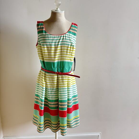 New Tiana B. Womens Dress 14 A Line Yellow Green Stripes Fit & Flare Lined Belt - Picture 2 of 15